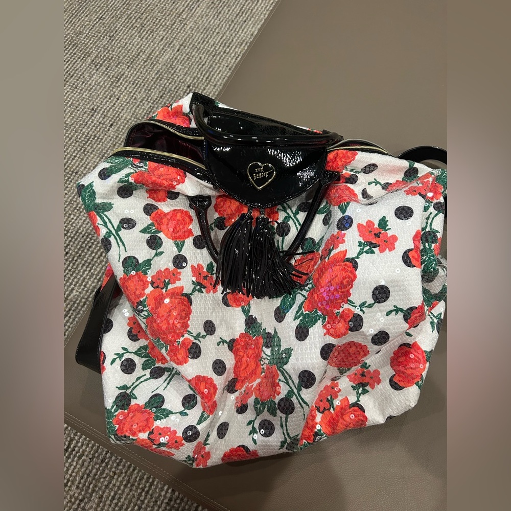 Overnight Tote Bag Betsey Johnson Sequin Rose Polka Dot Black Pink